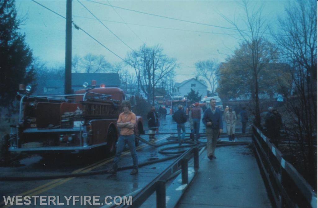 Box 4535-November 7, 1977-Westerly's Engine 2,  a 1957 Seagrave pumper, operating on the Westerly side of the bridge.