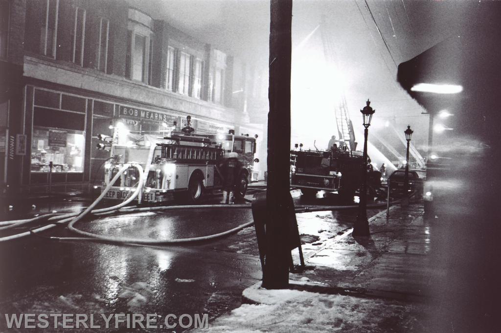 Box 3111-March 14, 1975-Smoke completely obscures the front of the building as Watch Hill and Westerly engines operate.