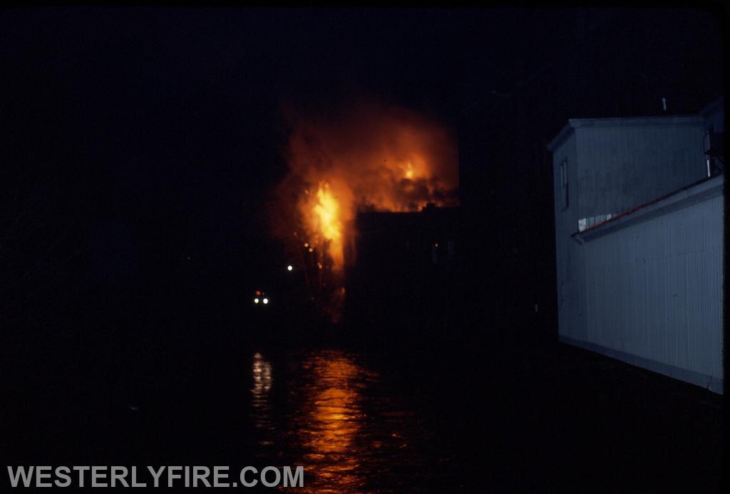 Box 534-March 26, 1978-The fire as seen from the bridge downtown. Note the heavy fire coming form the rear windows and roof.