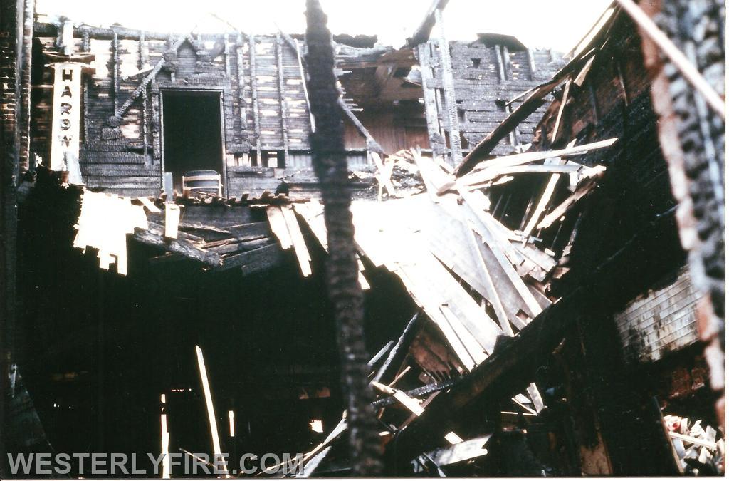 Box 534-March 26, 1978- The morning after photo shows the devastation done by the fire to the interior of the building. This view is from the rear.